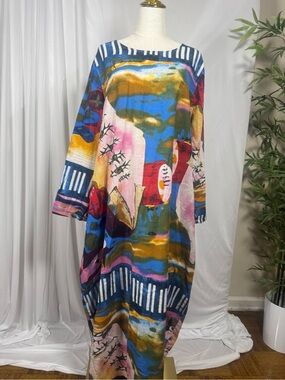 Abstract Multicolor Long Sleeve Maxi Dress - Blue Pink Gold Accents